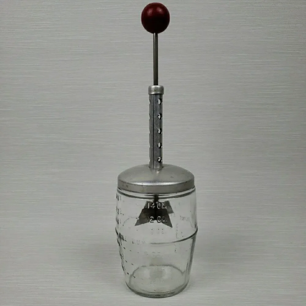 Vintage 14 oz Nut Chopper Red Wood Knob Glass Jar MCM Kitchen Gadget